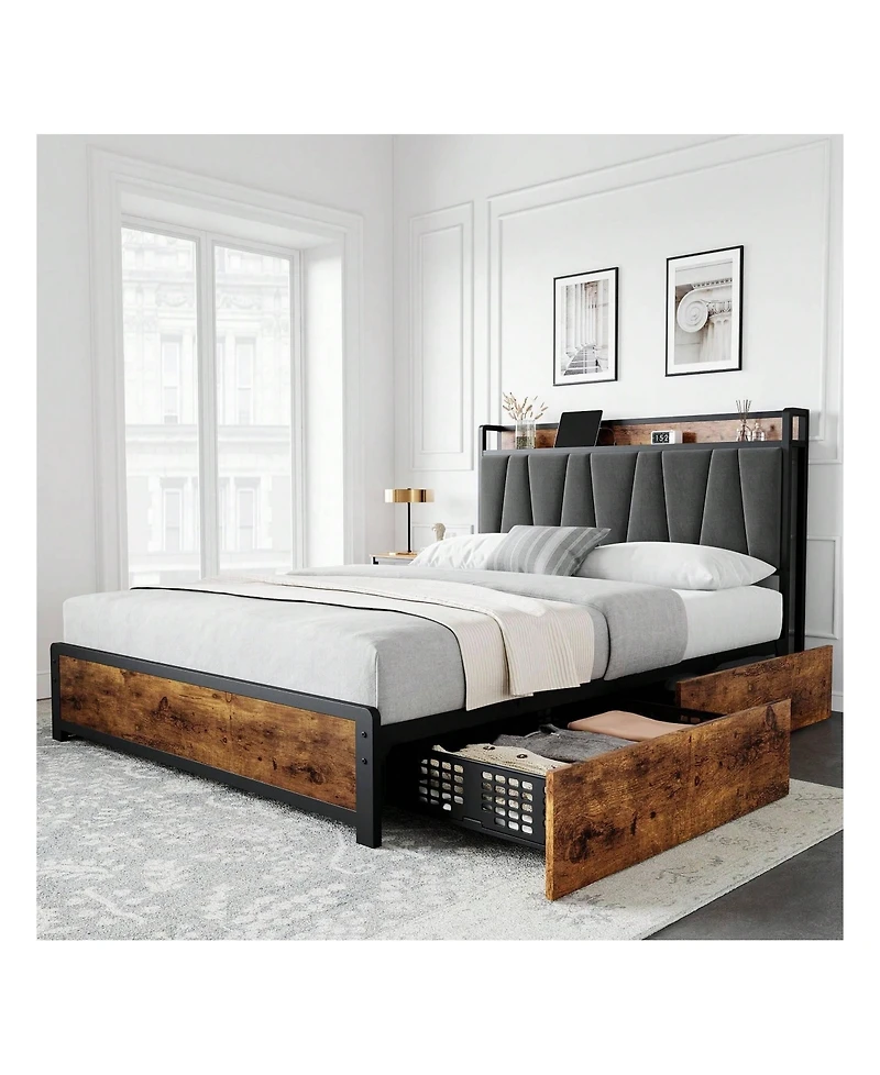 gaomon Bed Frame With 4 Storage Drawers And Linen Upholstered Headboard,Platform Bed Frame With Charging Station, No Box Spring Needed, Easy Assembly