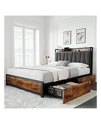 gaomon Bed Frame With 4 Storage Drawers And Linen Upholstered Headboard,Platform Bed Frame With Charging Station, No Box Spring Needed, Easy Assembly