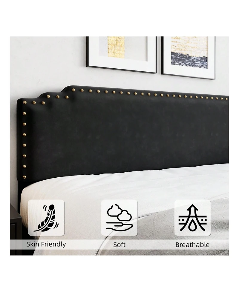gaomon Full/Queen/King Bed Frame, Velvet Upholstered Platform Frame With Rivet Decor Headboard And Strong Wood Slat Support, No Box Spring Ne