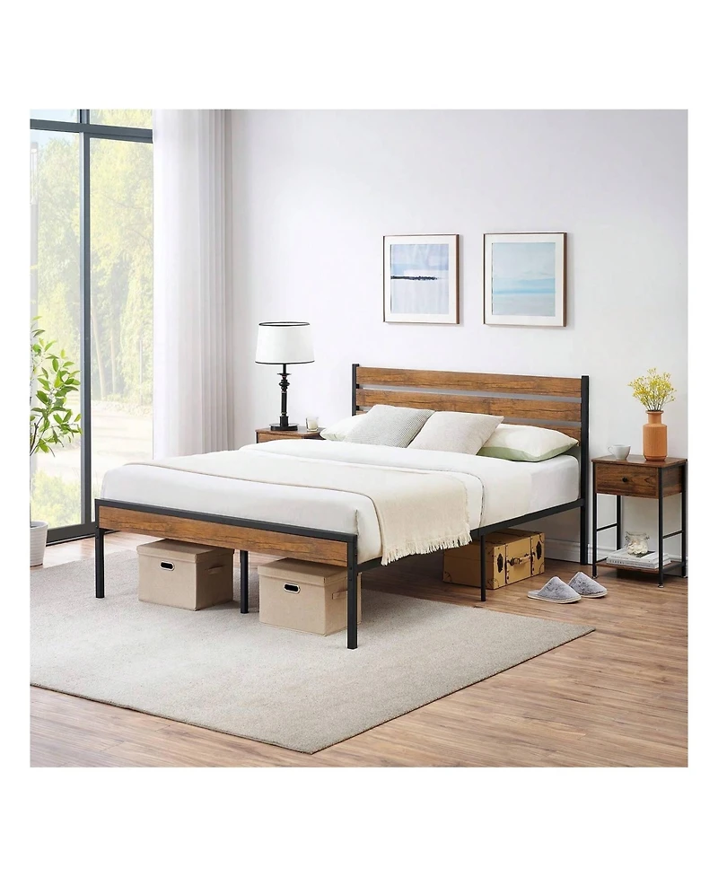gaomon Full/Queen Bed Frame, Bed Frame With Wooeden Headboard And Footboard, Platform Bed Frame With Underbed Storage Space, Rustic Country Style