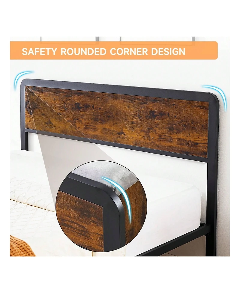 Gaomon Queen/King Size Metal Bed Frame with 2 Storage Drawers, Open Shelf, Wooden Headboard, Metal Slats Support, Platform Bed Frame