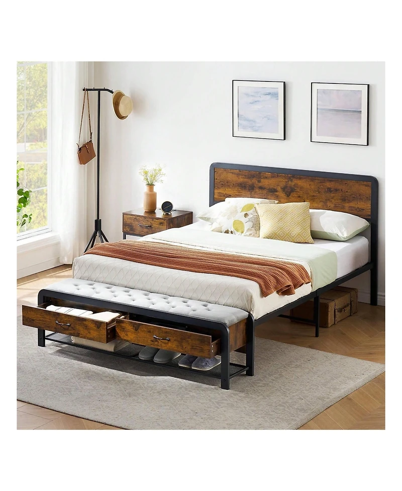 Gaomon Queen/King Size Metal Bed Frame with 2 Storage Drawers, Open Shelf, Wooden Headboard, Metal Slats Support, Platform Bed Frame