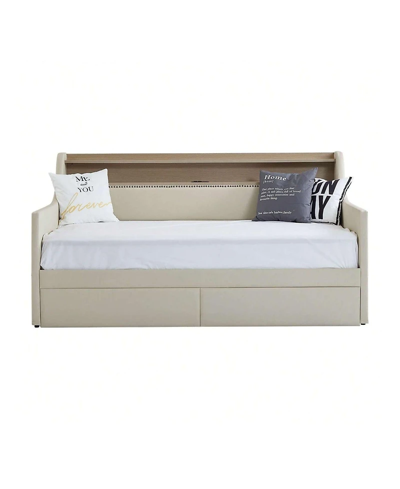 gaomon Twin Size Daybed With 2 Storage Drawers And Storage Headboard, Pu Leather Upholstered Daybed Bed Frame With Charging Station And Rgb Led Lights