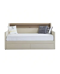 gaomon Twin Size Daybed With 2 Storage Drawers And Storage Headboard, Pu Leather Upholstered Daybed Bed Frame With Charging Station And Rgb Led Lights