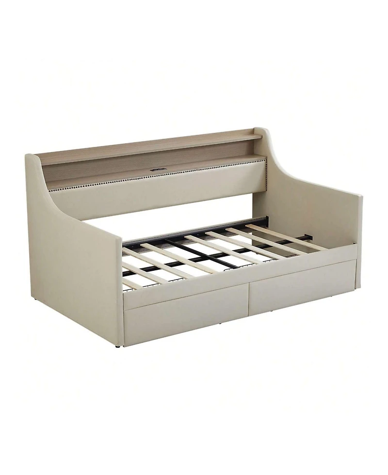 gaomon Twin Size Daybed With 2 Storage Drawers And Storage Headboard, Pu Leather Upholstered Daybed Bed Frame With Charging Station And Rgb Led Lights