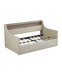gaomon Twin Size Daybed With 2 Storage Drawers And Storage Headboard, Pu Leather Upholstered Daybed Bed Frame With Charging Station And Rgb Led Lights
