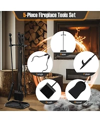 Gouun 5-Piece Fireplace Tool Set with Tong Brush Shovel Poker Stand-Black