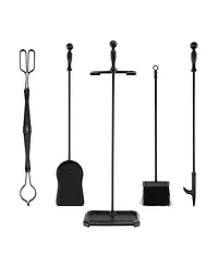 Gouun 5-Piece Fireplace Tool Set with Tong Brush Shovel Poker Stand-Black