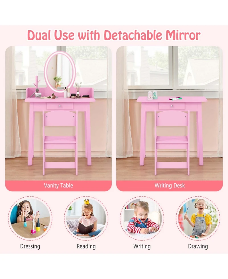 Kids Vanity Set with Lighted Mirror Chair 2-Color Led Lighting for Girls Makeup