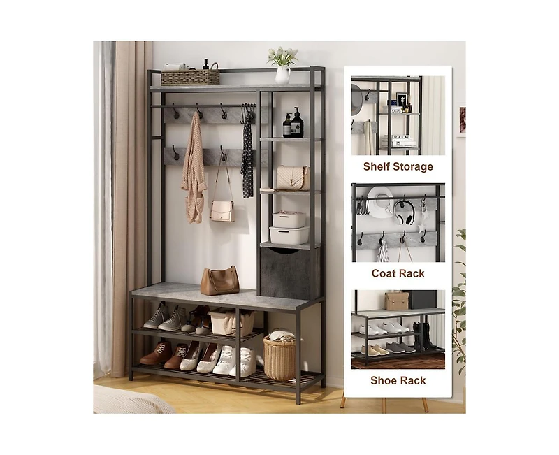 gaomon 5-in-1 Coat Rack, Hall Tree with Bench and Shoe Storage, Freestanding Entryway Bench with 5-Tier Open Shelves, Fabric Storage Basket and 12 Hoo