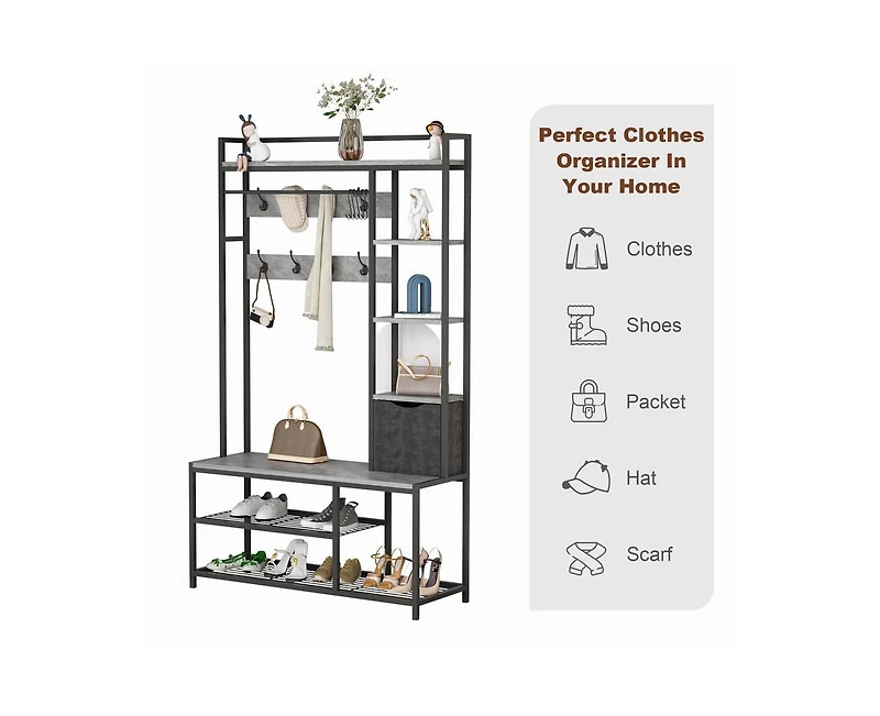 gaomon 5-in-1 Coat Rack, Hall Tree with Bench and Shoe Storage, Freestanding Entryway Bench with 5-Tier Open Shelves, Fabric Storage Basket and 12 Hoo