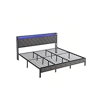 gaomon Full Size Bed With Storage Headboard, Charging Station And Led Lights, Upholstered Platform Bed Frame With Metal Slats, Noise Free, No Box Spri