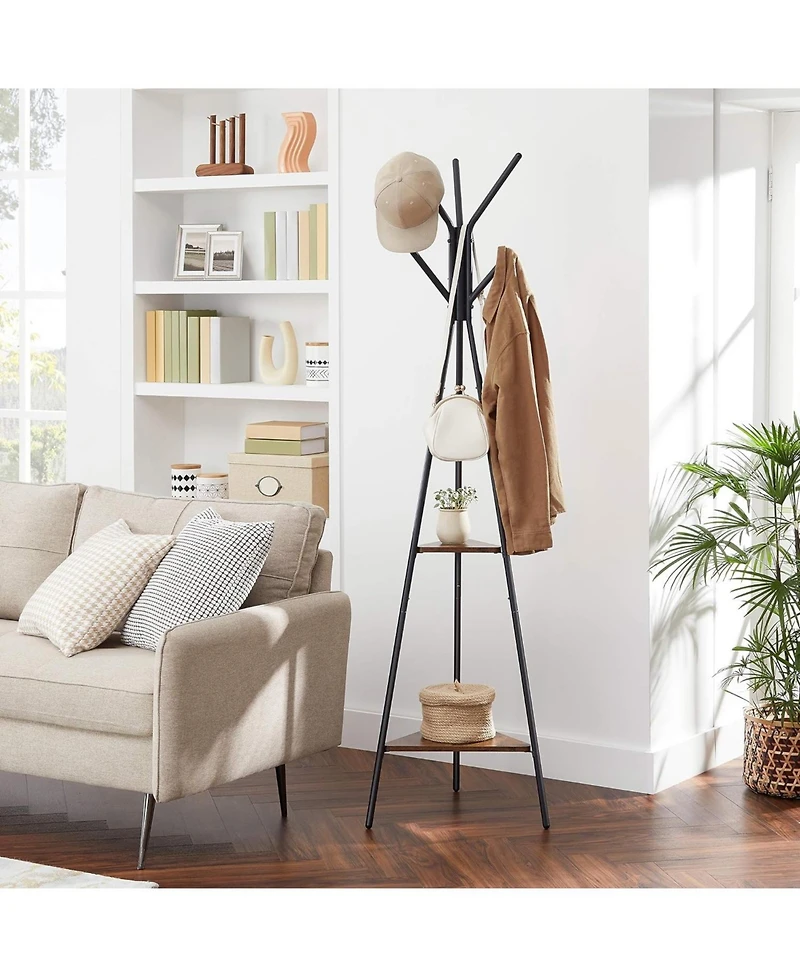 Songmics Home Freestanding Industrial Style Coat Rack, Hall Tree Featuring 2 Shelves, Hazelnut Brown & Black