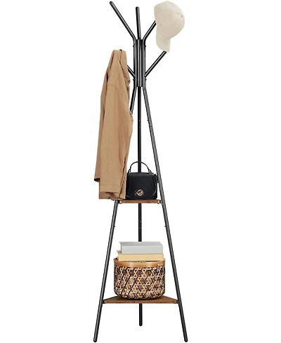 Songmics Home Freestanding Industrial Style Coat Rack, Hall Tree Featuring 2 Shelves, Hazelnut Brown & Black