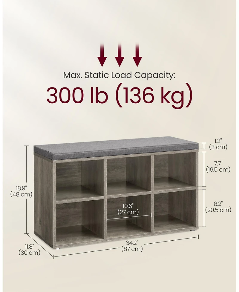 Songmics Home Cushioned Entryway Shoe Storage Bench with 6 Compartments, Heather Greige