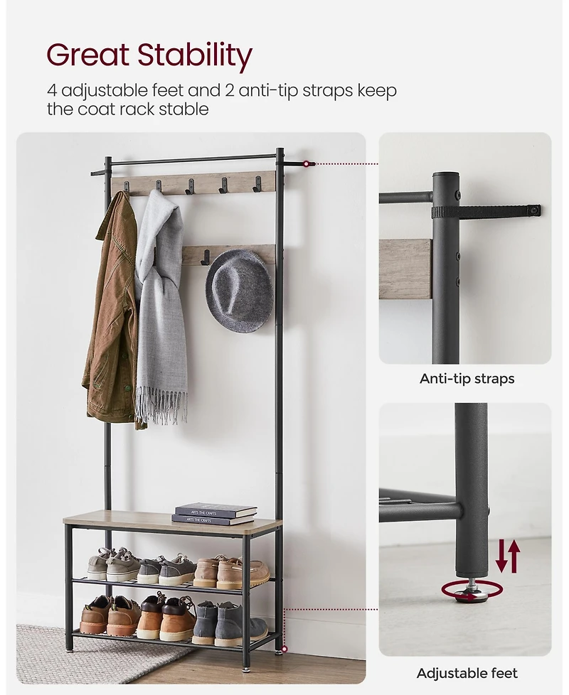 Songmics Home Entryway Industrial Style Coat Rack with Shoe Storage, 3-in-1 Design Steel Frame, Grey