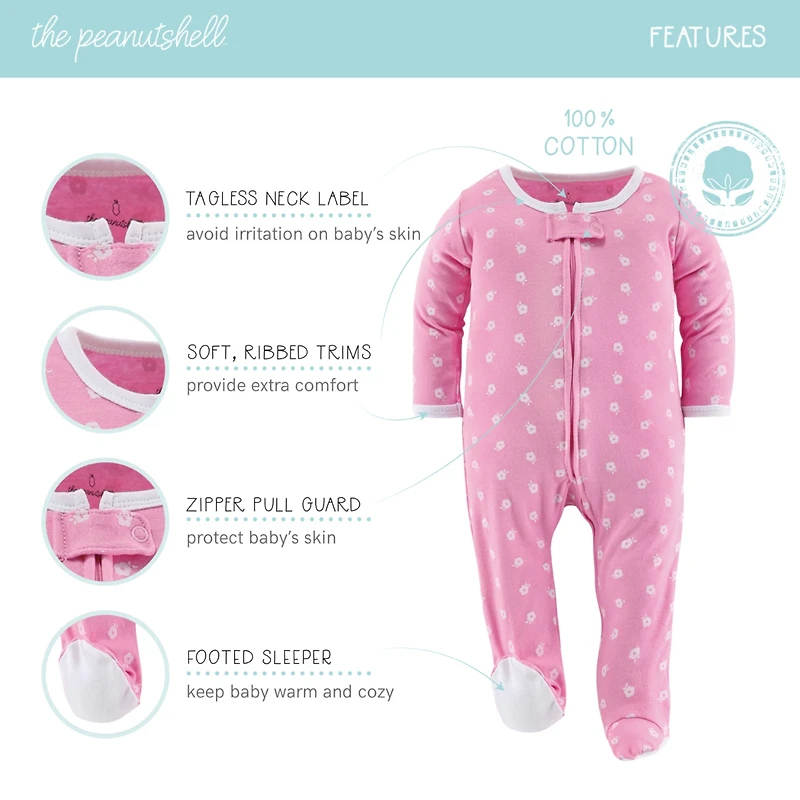 The Peanutshell Floral Love Footed Baby Sleepers for Girls, 3 Pack