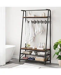 gaomon Industrial Rustic 4-in-1 Hall Tree Bench with Shoe Rack, Storage Shelf, and 5 C-Shaped Hooks in Brown & Black