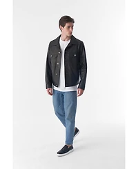 Furniq Uk Men's Genuine Leather Trucker Jacket, Natural Grain Black