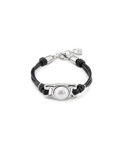 UNOde50 Sterling Silver Leather Strap Rectangular Bead Bracelet