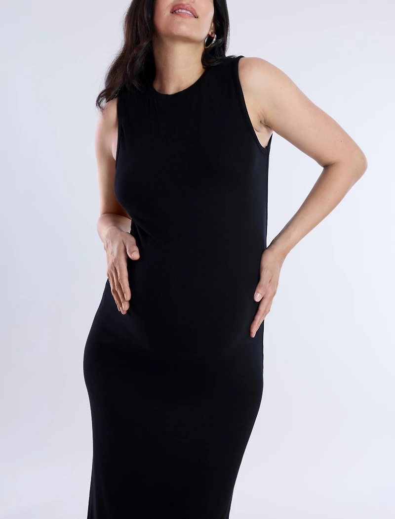 Motherhood Maternity Crew Neck Rib Knit Sleeveless Midi Dress