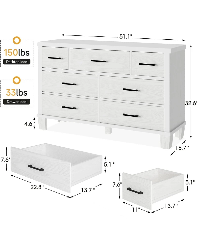 Dresser for Bedroom, 7 Drawers Modern Wood Dresser, 51" Wide Chest of Drawers Closet, Wooden Dresser Organizer ,White