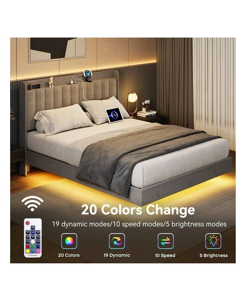 gaomon Full/Queen/King Size Floating Bed Frame With Charging Station & Storage Headboard, Upholstered Platform Bed Frame With Led Lights, Solid Wood S