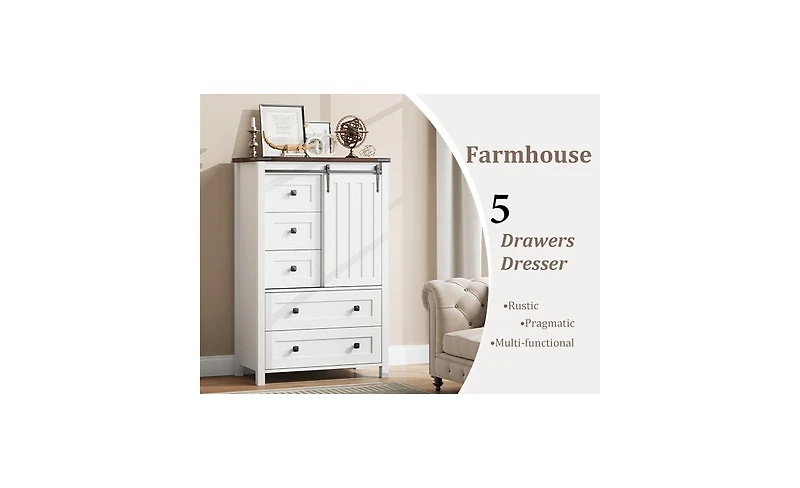gaomon Dresser, 5 Drawers Dresser for Bedroom with Sliding Barn Door, Adjustable Shelf, Farmhouse Tall Chest