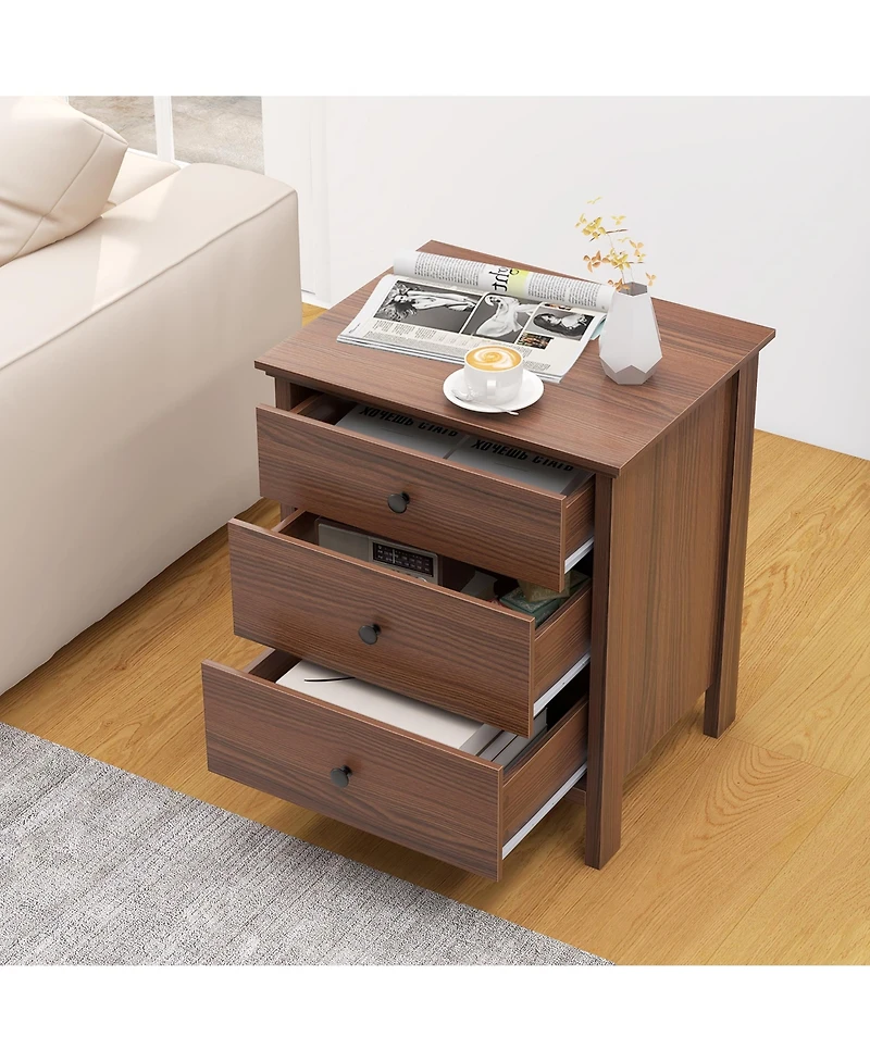 Gymax 3-Drawer Nightstand Wooden Bedside Table Modern Side End Table Walnut