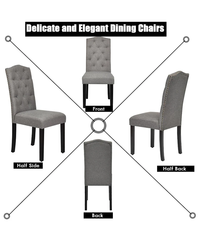 Gymax Set of 4 Tufted Dining Chair Upholstered w/ Nailhead Trim & Rubber Wooden Legs
