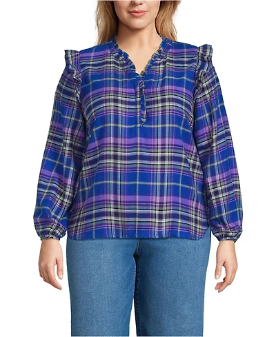 Lands' End Women's Plus Ruffle Front Flannel Popover Blouse