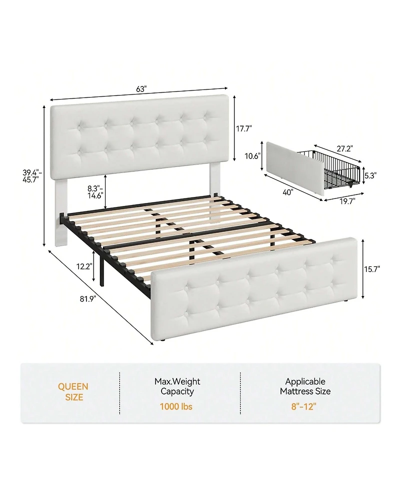 Bed Frame,With 4 Storage Drawers And Headboard, Linen Upholstered Platform Frame With Wooden Slats Support, Button Tufted Design