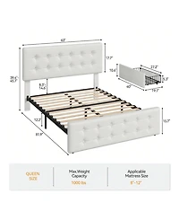 Bed Frame,With 4 Storage Drawers And Headboard, Linen Upholstered Platform Frame With Wooden Slats Support, Button Tufted Design