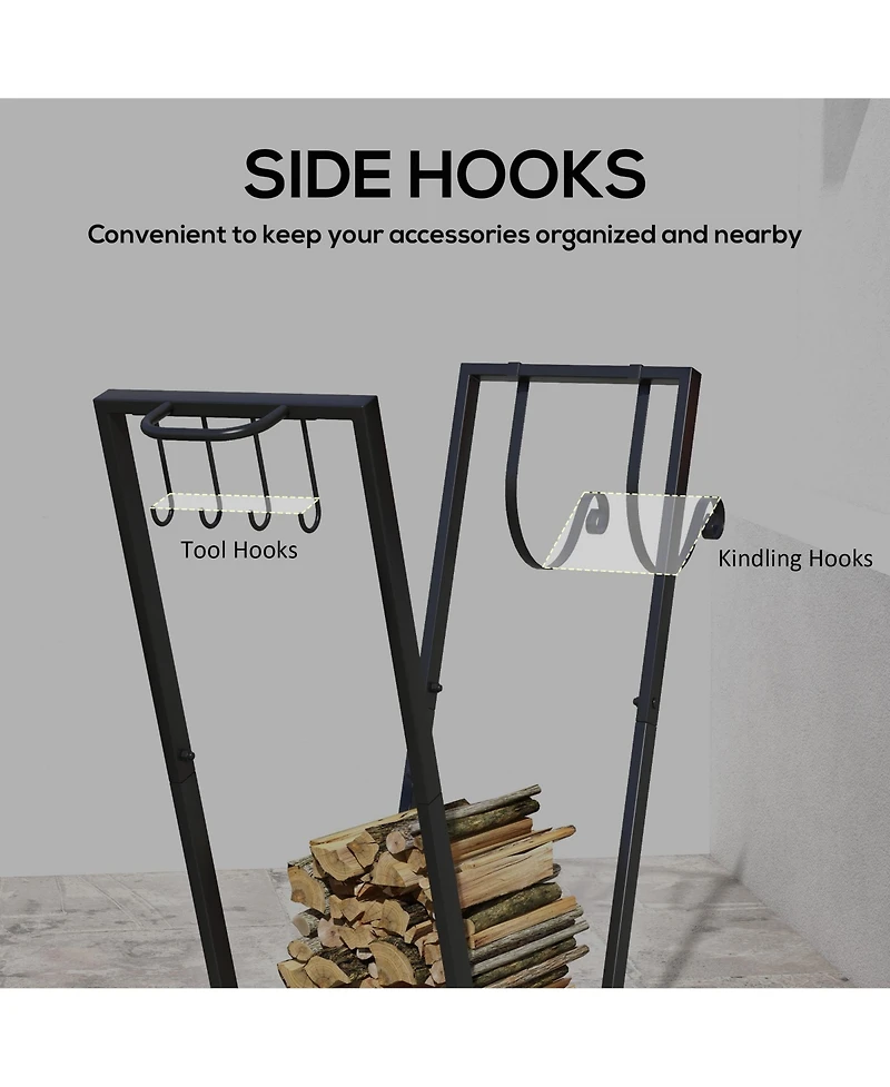 Outsunny 31" Outdoor Firewood Rack, Metal Log Holder with Wheels Hooks