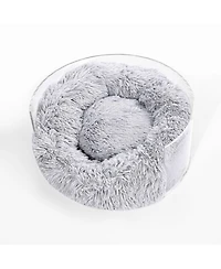 Bette 20.75" x 20.75" Small/Medium Modern Acrylic Calming Fluffy Donut Pet Bed with Washable Cover, Light Gray/Clear