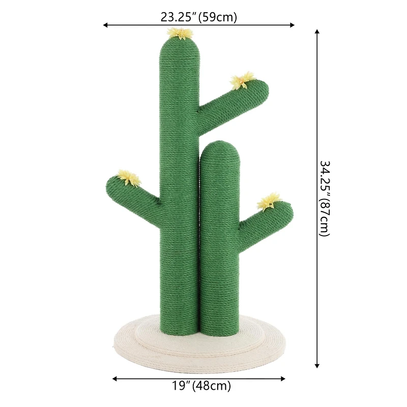 The Licker Store Socorro 34.25" Modern Jute Double-Cactus Cat Scratching Post with Flower Toys, Green/White