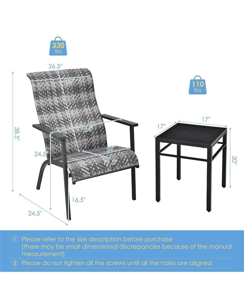 Sugift 3 Pieces Patio Rattan Bistro Set with High Backrest and Armrest