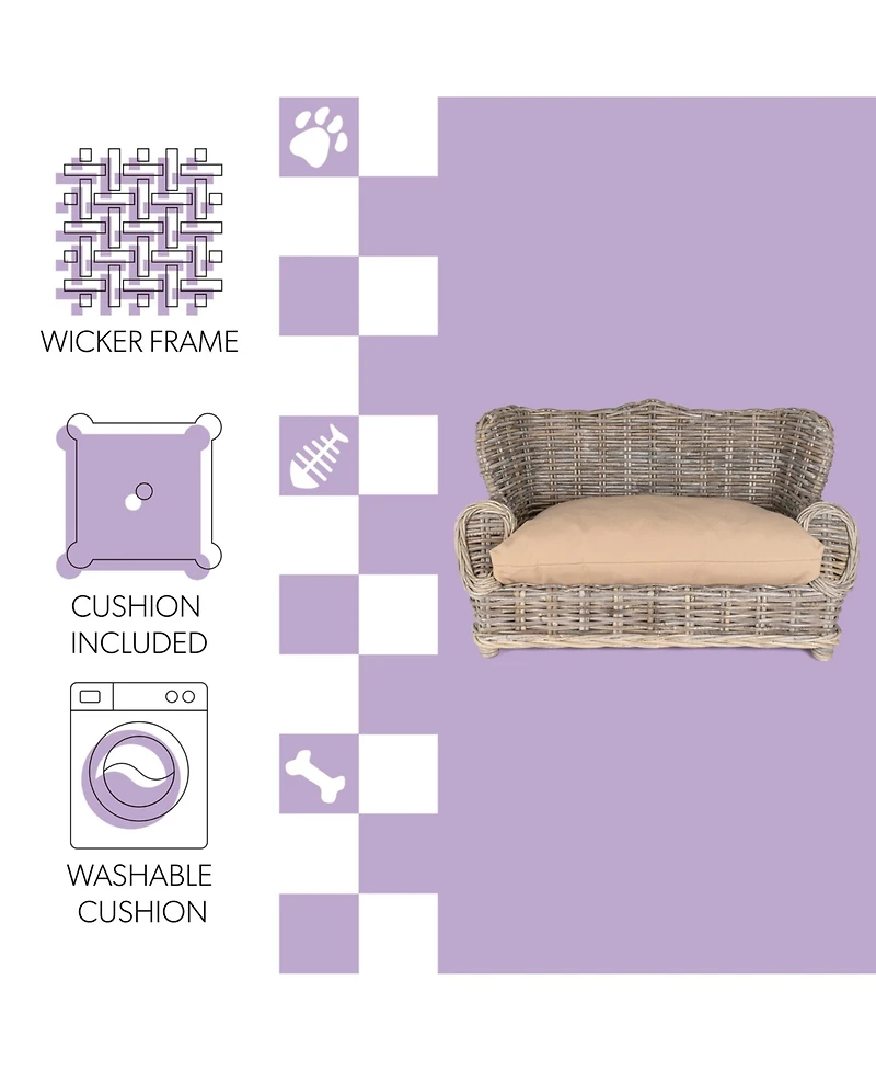 Classic 27.5" x 18" Mediterranean Handwoven Rattan Pet Daybed with Machine-Washable Cushion, Kubu Gray