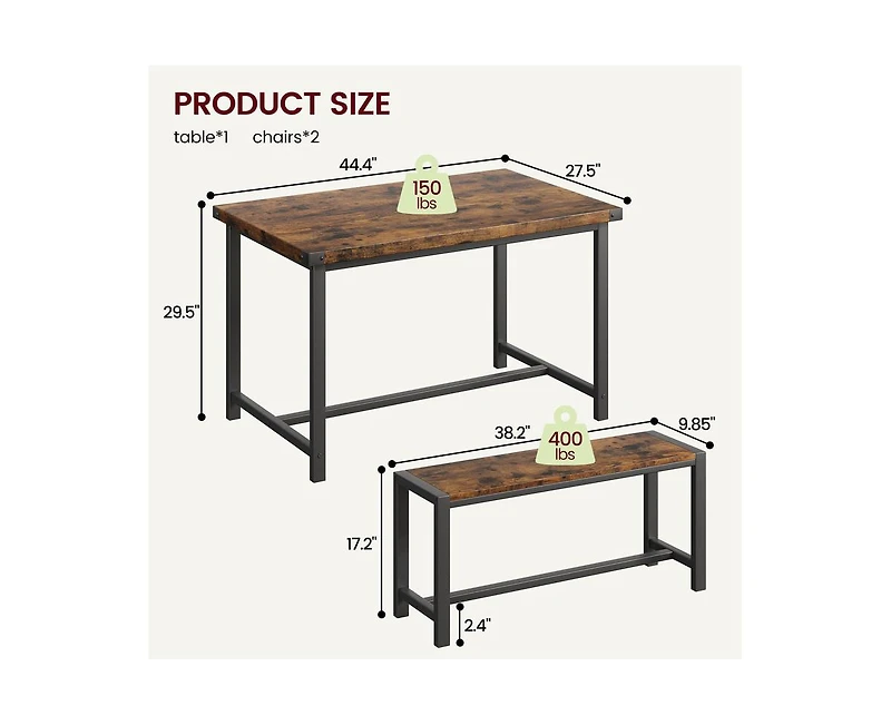 gaomon Dining Table Set for 4, Kitchen Table with 2 Metal Wood Benches, Rectangular Room Dining Table Set, 3 Piece Farmhouse Kitchen Table Set for Sma