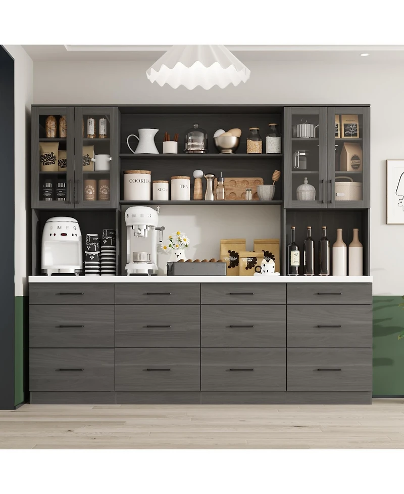 Famapy Grey Kitchen Cabinet with Glass Doors 12 Drawers, Pantry Storage Shelves