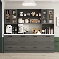 Famapy Grey Kitchen Cabinet With Glass Doors With 12 Drawers Pantry Storage Cabinet With Shelves
