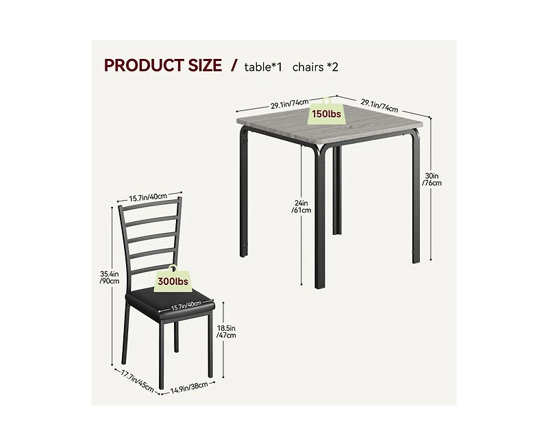 Dining Table Set for 2, 3 Piece Small Table and Chairs Set of 2, Kitchen Table Set With Pu Cushion Chairs, Kitchen and Dining Room Square Table Set fo