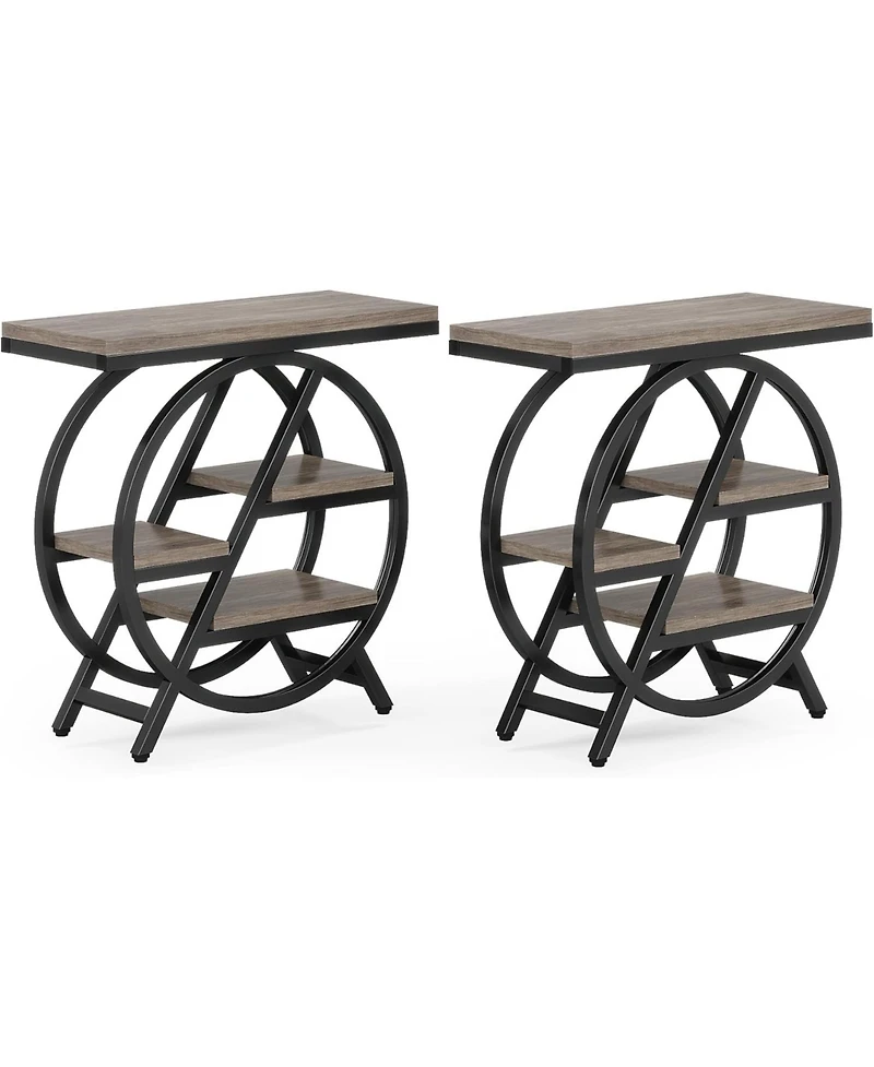 Tribesigns End Table Set of 2, 3-Tier Narrow End & Side Table with Storage and with Geometric Metal Frame, Industrial Nightstand and Bedside Table
