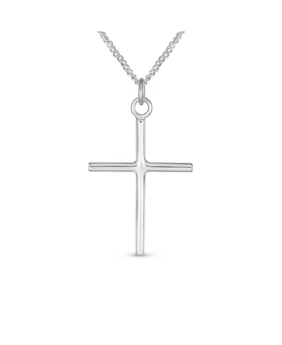 Bling Jewelry Minimalist Delicate Medium Tube Simple Religious Cross Pendant Necklace .925 Sterling Silver