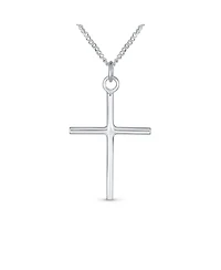 Bling Jewelry Minimalist Delicate Medium Tube Simple Religious Cross Pendant Necklace .925 Sterling Silver