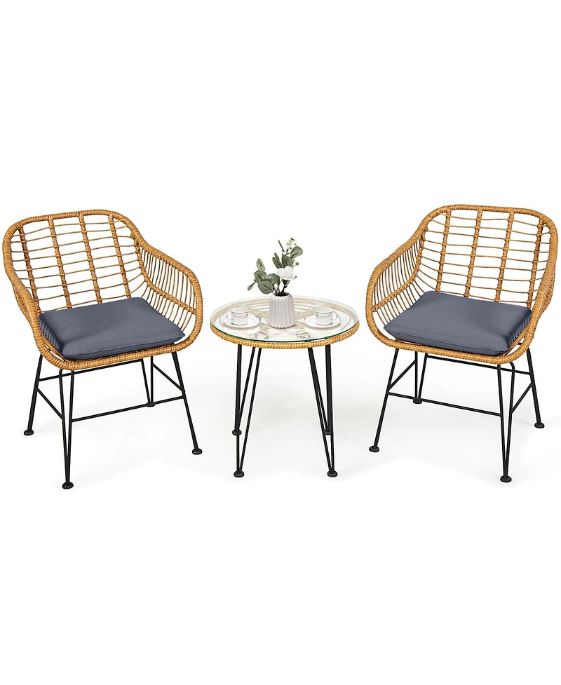 Sugift 3 Pieces Rattan Furniture Set with Cushioned Chair Table-Gray