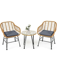 Sugift 3 Pieces Rattan Furniture Set with Cushioned Chair Table-Gray