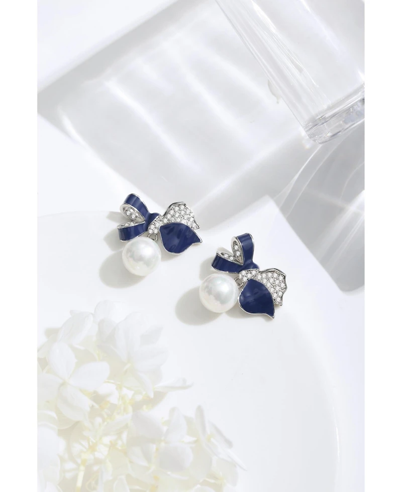 Blue Enamel Butterfly Imitation Pearl Dangle Earrings
