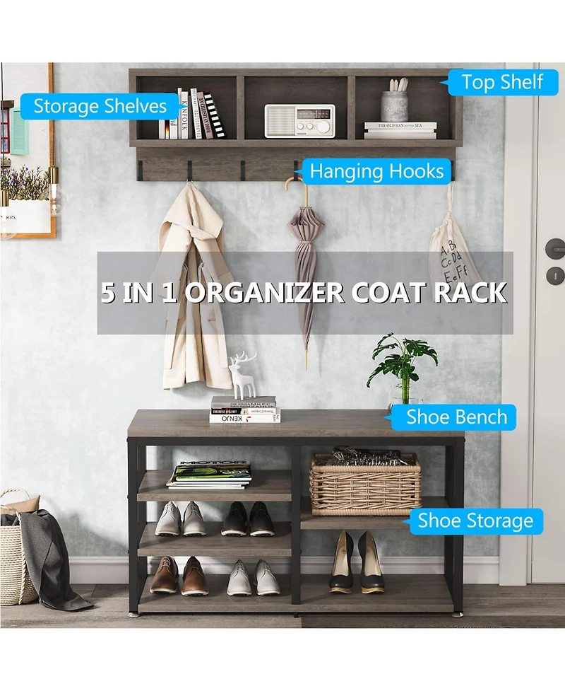 Tribesigns Coat Rack Set and Industrial Shoe Bench, 3 Storage Cubbies, 7 Hooks for Entryway, Hallway