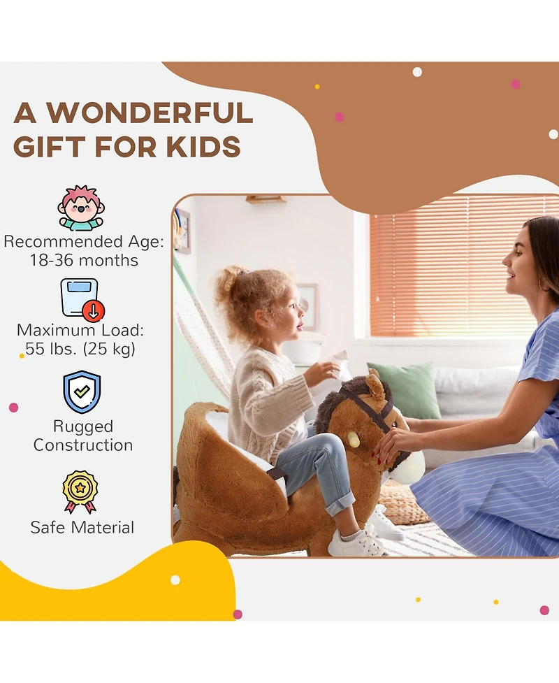 Qaba Baby Rocking Horse, Kids Ride on Horse w/ Sound, Safety Belt, Brown